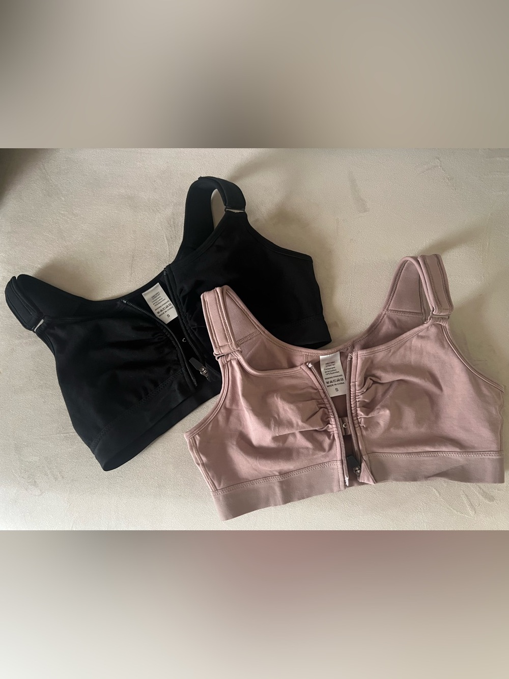 Front-Zip Wireless Compression Bras - Black & Dusty Pink